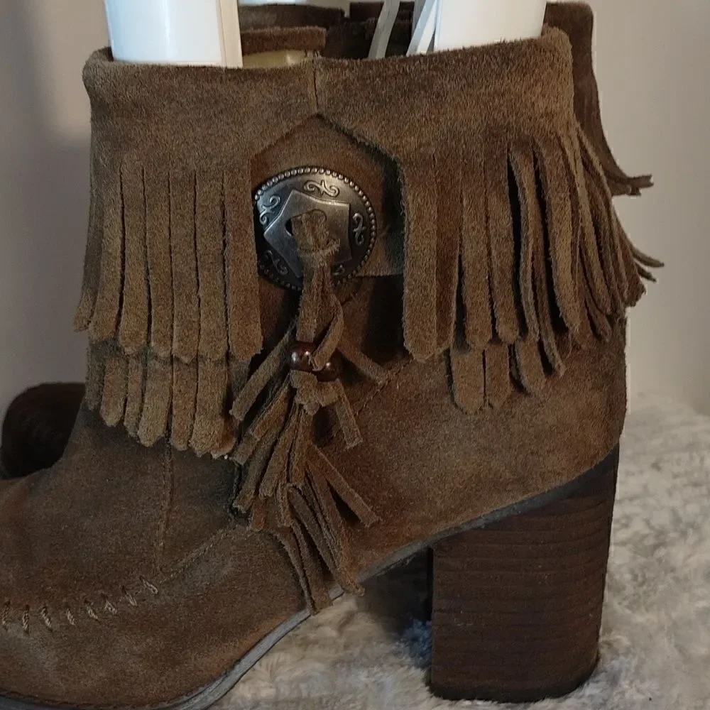 Sbicca Brown Suede Fringe Block Heel Booties